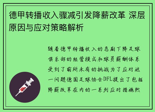 德甲转播收入骤减引发降薪改革 深层原因与应对策略解析